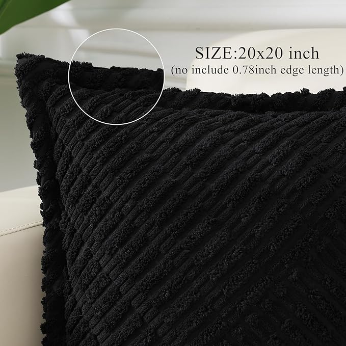 decorUhome Decorative Black Throw Pillow Covers 20x20 Set of 2 with Splicing, Boho Soft Neutral Corduroy Broadside Twill Pillow Covers for Couch Bed Sofa Living Room