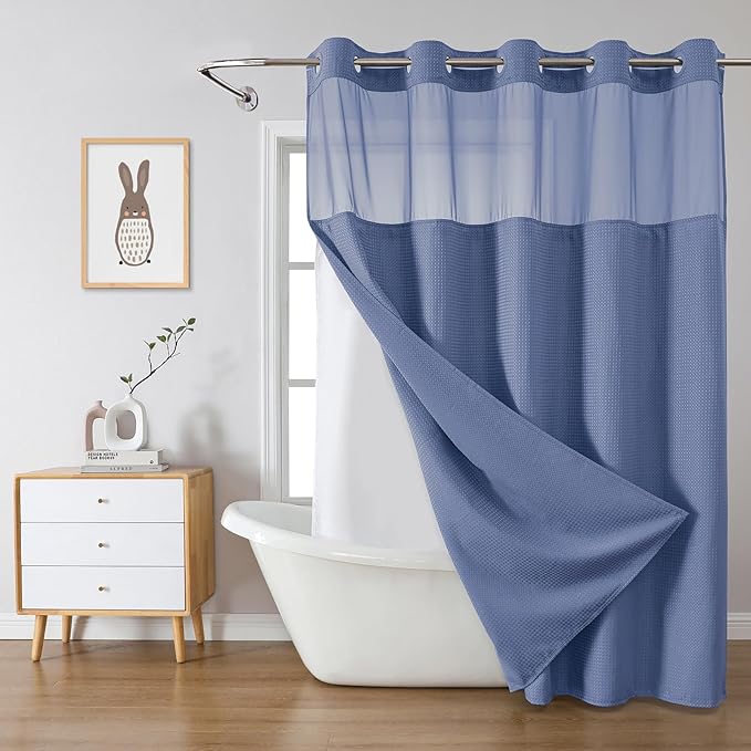 MoonLightBlue No Hook Waffle Weave Shower Curtain with snap-in Liner Replacement, 230GSM Waterproof Fabric Hotel Shower Curtain Set for Bathroom, Through Mesh Top Window,71Wx74H