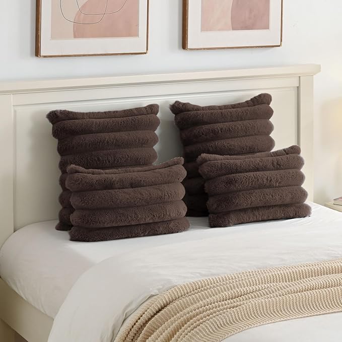 FUTEI Dark Coffee Decorative Throw Pillow Covers 16x16 Inch Set of 2, Square Soft Faux Rabbit Fur Big Striped Cushion Cover,Home Decor for Couch Sofa Bed Living Room