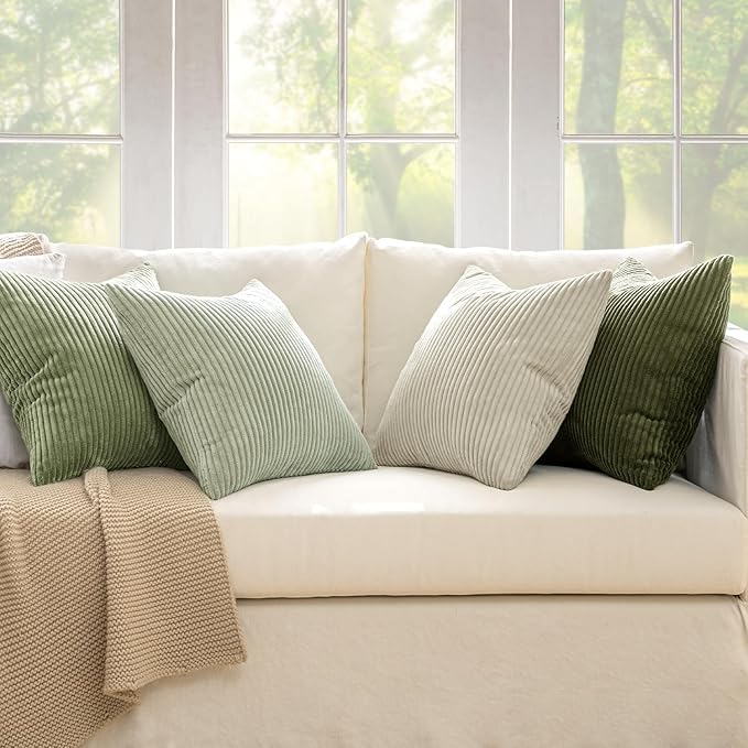 MIULEE Boho Farmhouse Throw Pillow Covers 20x20 Inch Set of 4 Mordern Neutral Green Cushion Covers Soft Corduroy Nordic Christmas Home Decor for Spring Couch Bed Sofa Living Room Green-White