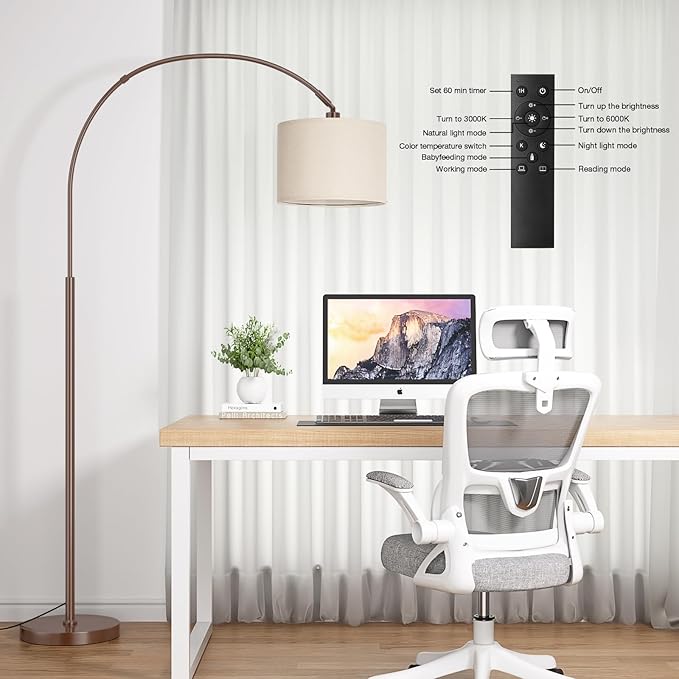 Ambimall Dimmable Arc Floor Lamp with Remote, Color Temperatures and Brightness Adjustable, Arched Floor Lamp with Rotating Head, Over Couch Arched Reading Light for Living Room (Deep Beige and Brown)