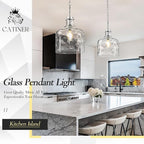 Extra Large 16" Vintage Farmhouse Pendant Light – Hand-Blown Clear Hammered Glass Shade, Adjustable Chain Hanging Light for Kitchen Island, Hallway, Dining Room, Chrome