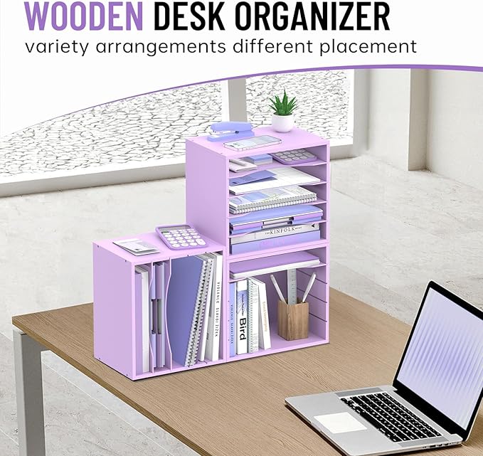 5-Tier Wood Desk Organizer, Paper Tray Organizer for Desk with Adjustable Storage Shelves, Desktop Paper Sorter Mail Holder for Office Home Classroom, Purple