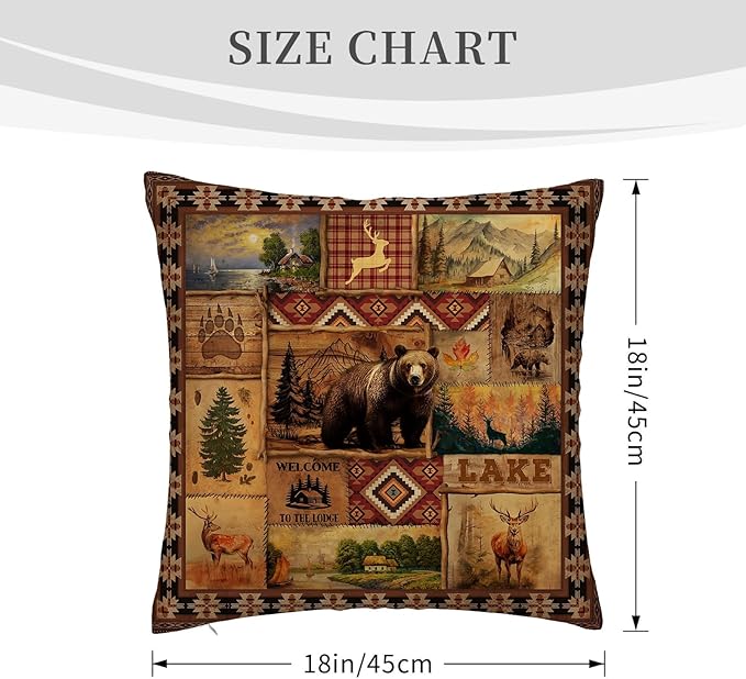 Vintage Rustic Lodge Bear Pillow Covers 18x18 Inch Set of 4, Farmhouse Cabin Throw Pillow Cases for for Couch Bed Sofa Chair Cushion Living Room Decor Brown Cain Pillowcases