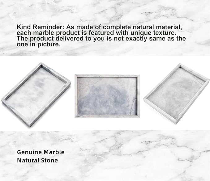 Real Natural Marble Vanity Tray, Genuine Marble Storage Tray for Cosmetics/Jewelry, Non-Resin/Non-Ceramic, Dresser Organizer Tray, Bathroom Tray, Home Decor, Kitchen, Coffee Table, 12 x 8 inch