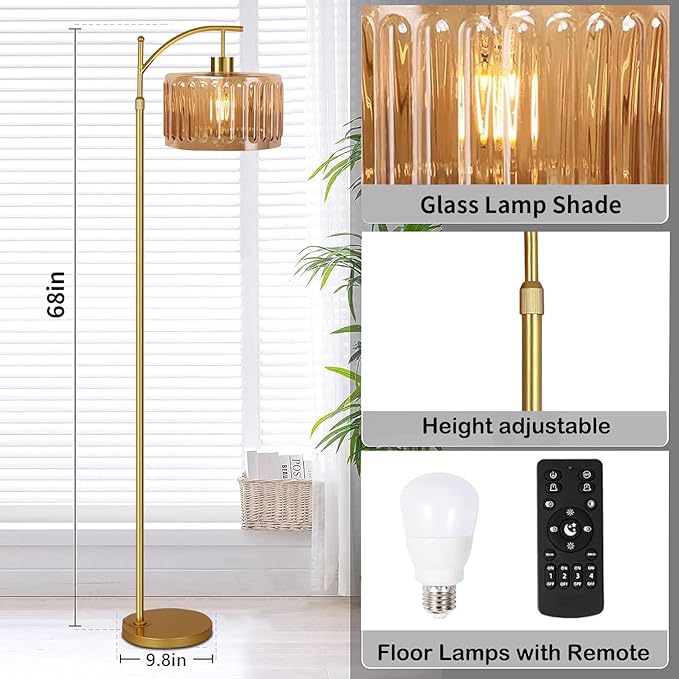 Floor Lamp for Living Room,Bedroom,Gold Dimmable Standing Lamp with Remote,Mid Century Modern Brass Tall Lamp Retro Vintage Glass Lamp Floor Light Boho Bohemian