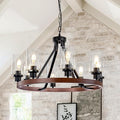 8-Light Farmhose Chandelier for Dining Room Light Fixture Faux Wood Kitchen Pendant Light Round Rustic Ceiling Hanging Lighting with Glass Globes Adjustable Height Metal E26