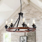 8-Light Farmhose Chandelier for Dining Room Light Fixture Faux Wood Kitchen Pendant Light Round Rustic Ceiling Hanging Lighting with Glass Globes Adjustable Height Metal E26