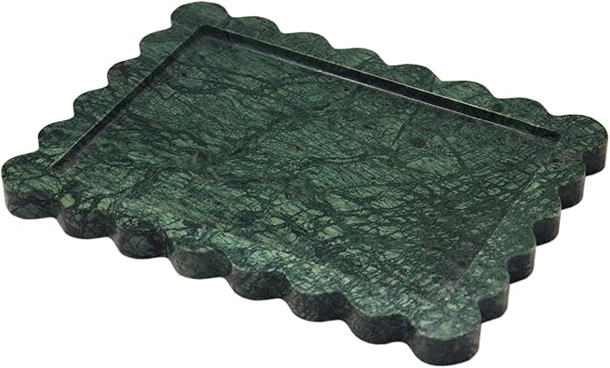 Genuine Indian Green Scalloped Marble Tray, Real Natural Marble Stone Trays, Luxury Decorative Trays for Bathroom, Dresser, Vanity, Home Decor, 10.6" x 8", Dark Emerald Green