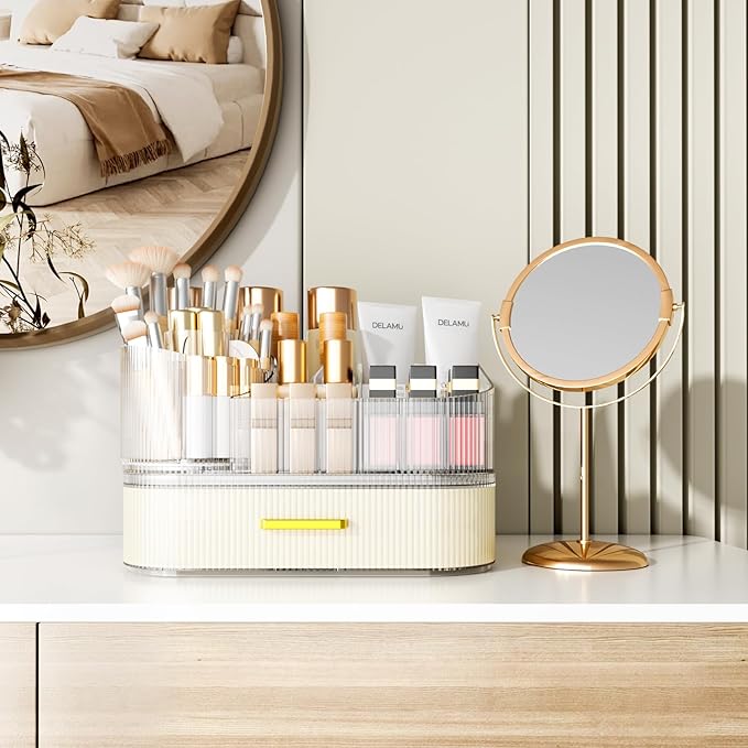 Delamu Makeup Organizer for Vanity with Stackable Drawers, 360 Rotating Makeup Brush Holder Large Cosmetic Display Case for Dresser, Bathroom Countertop Skincare Organizers and Storage, Elegant White