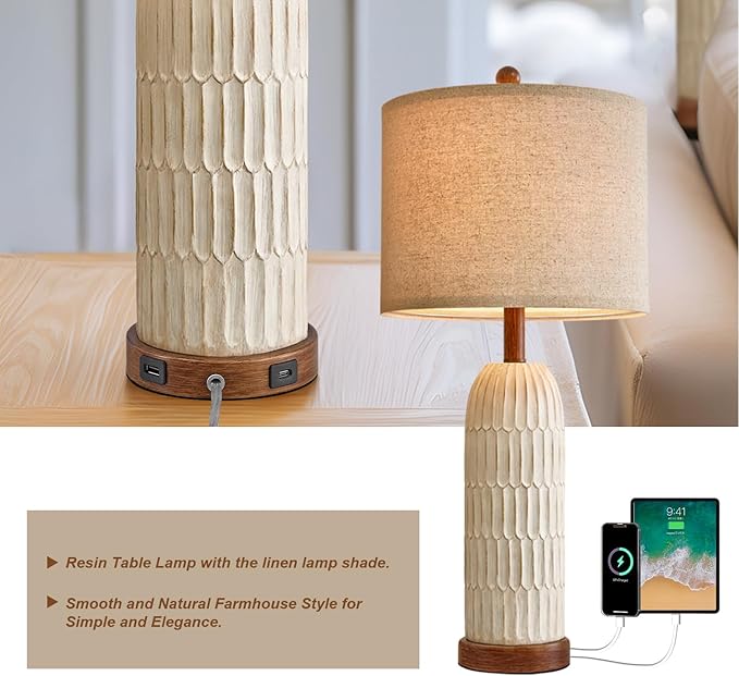 OYEARS 26.5" Table Lamp Set of 2 for Bedroom Living Room with USB A+C Charging Ports Modern Farmhouse Bedside End Lamps Rustic Nightstand Lamps,Brown