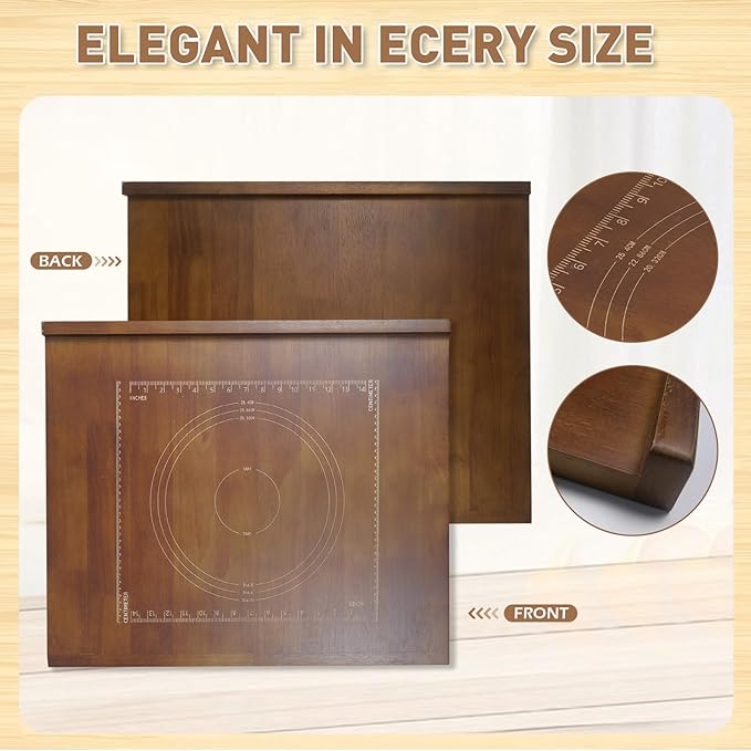 24" x 20" Reversible Wooden Pastry Board Wood Pasta Board with Lip Bread Board Cutting Board Chopping Board Pie Board with Engraved Ruler for Counter Top Kitchen-Brown