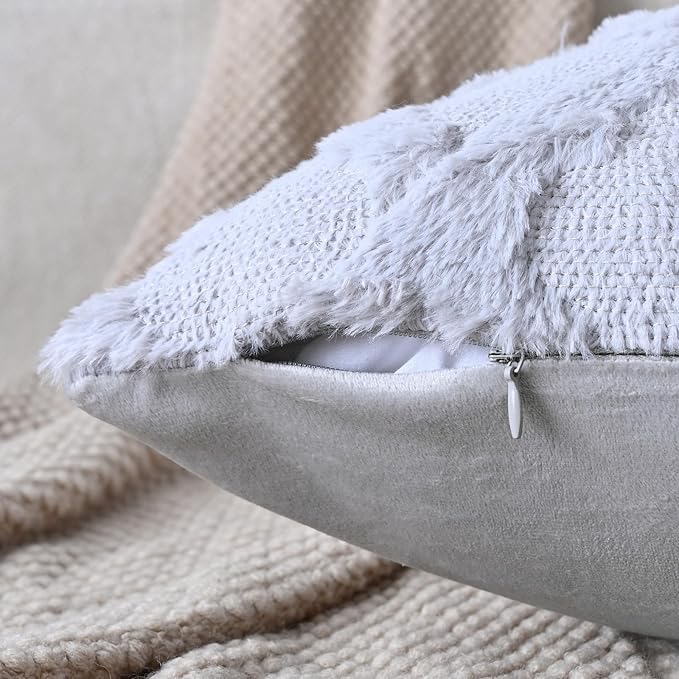 Set of 2 Soft Moroccan Throw Pillow Covers 24x24 Inch Plush Boho Decorative Pillow Cover Accent Cushion Case for Couch Sofa Bed, Grey