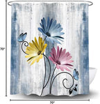 Rustic Farmhouse Shower Curtain, Farm Blue Daisy Floral Flowers and Butterfly on Country Wooden Shower Curtain for Bathroom, Turquoise Pink Yellow Bathroom Shower Curtains with 12PCS Hooks, 70X70IN