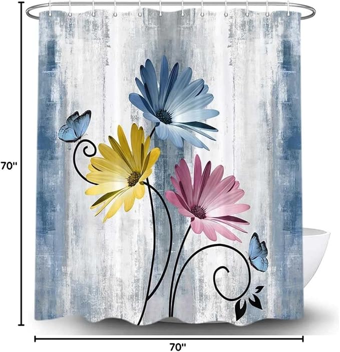 Rustic Farmhouse Shower Curtain, Farm Blue Daisy Floral Flowers and Butterfly on Country Wooden Shower Curtain for Bathroom, Turquoise Pink Yellow Bathroom Shower Curtains with 12PCS Hooks, 70X70IN