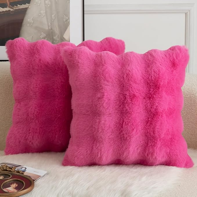 MANDIOO Pack of 2 Thick Plush Wool Decorative Throw Pillow Covers Super Soft Wave Bubble Fur Velvet Cushion Covers Pillow Shams for Couch Bed Living Room 20x20 Inch Hot Pink