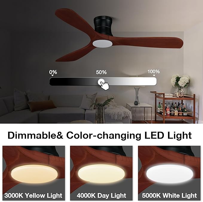 52” Smart Wood Flush Mount Ceiling Fans with Lights Remote,Quiet DC Motor,Outdoor Indoor Low Profile Ceiling Fan,Voice WIFI Alexa App Control,Dimmable,6-speed,for Modern Bedroom Patio