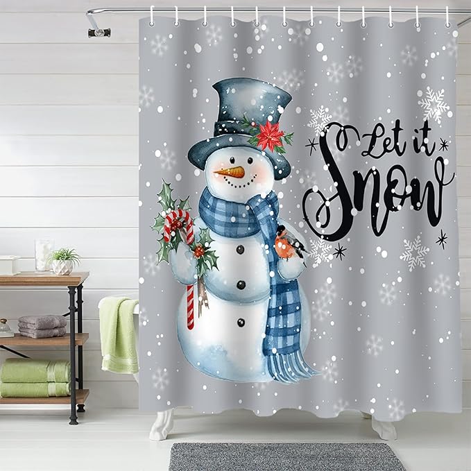 Vandarllin Snowman Christmas Shower Curtain, Let It Snow Winter Holiday Shower Curtains Set with Hooks, Grey White Waterproof Fabric Bathroom Curtains Decor Home Accessories, Stall Long 54 X 78 Inch
