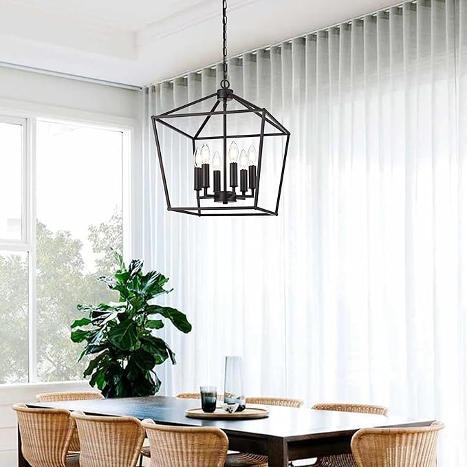 MELUCEE 16 Inches Farmhouse Chandelier 6-Light Oil Rubbed Bronze Cage Hanging Lights Rustic Lantern Pendant Lighting for Kitchen Island Dining Room Foyer Hallway, E12 Base