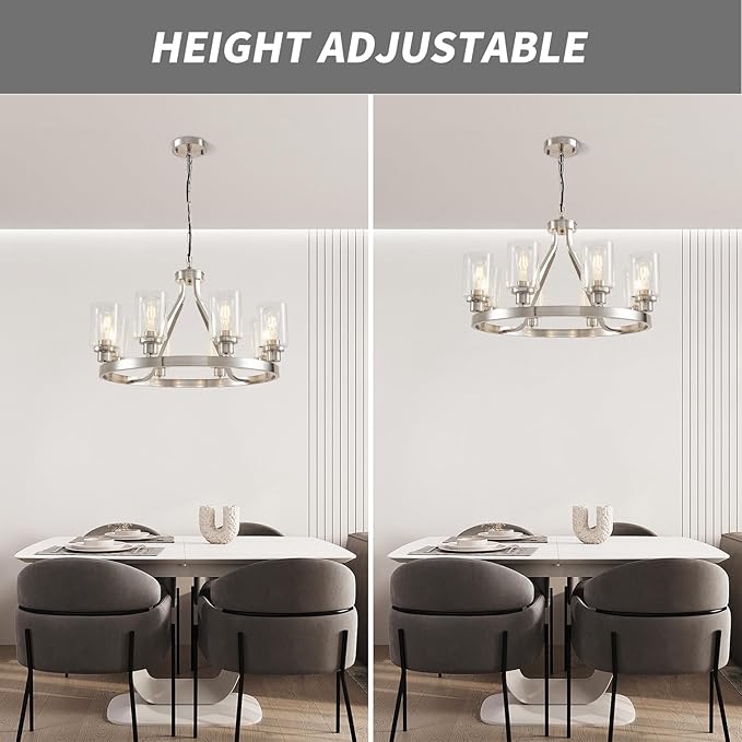 8-Light Modern Chandeliers for Dining Room Light Fixture Brushed Nickel Kitchen Chandelier Ceiling Hanging Pendant Lighting with Glass Shade for Living Room Entryway Adjustable Height E26