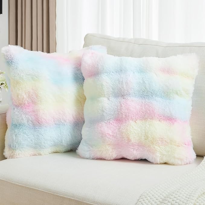 FUTEI Rainbow Decorative Throw Pillow Covers 26x26 Inch Set of 2,Soft Fuzzy Faux Rabbit Fur Euro Pillow Shams with Raised Texture,Neutral Boho Home Decor for Couch Bed Living Room