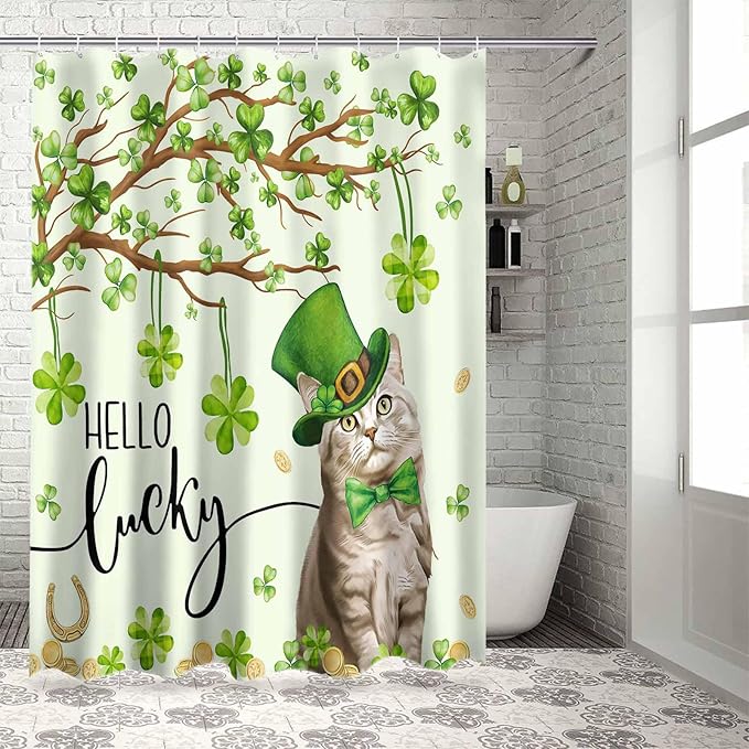 Vandarllin Lucky Cat St. Patrick's Day Shower Curtain, Green Spring Shamrocks Tree Shower Curtains Set with Hooks, Waterproof Fabric Bathroom Curtains Decor Home Accessories,72 X 78 Inch Long