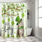 Vandarllin Lucky Cat St. Patrick's Day Shower Curtain, Green Spring Shamrocks Tree Shower Curtains Set with Hooks, Waterproof Fabric Bathroom Curtains Decor Home Accessories,72X 96 Inch Extra Long