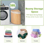 Giantex Corner Laundry Hamper with Lid, 58 L Bamboo Laundry Basket with Removable Liner & Handle, Triangle Clothes Hamper for Small Spaces, Bedroom, Bathroom, Laundry & Living Room (Natural)
