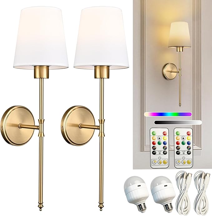 Battery Operated Wall Sconces Set of 2, Gold Rechargeable Wall Lights with Remote 16 Colors Wireless Wall Lamp for Bedroom Living Room Hallway (Dimmable Bulb Included)
