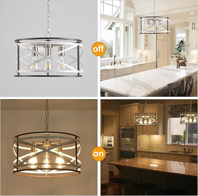Farmhouse Chandeliers for Dining Room, 3-Light Metal Dining Room Light Fixture, 18.5" Rustic Drum Chandelier Hanging Light for Kitchen Foyer Entryway Bedroom, Nickel with Retro Wood Texture Interior