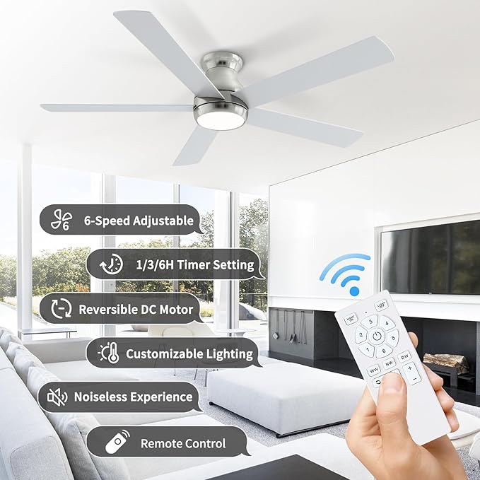 60 Inch Brushed Nickel Ceiling Fans with Lights and Remote, LED Low Profile Flush Mount Ceiling Fan for Bedroom, Living Room, Quiet DC Motor, Dimmable 6 Speeds