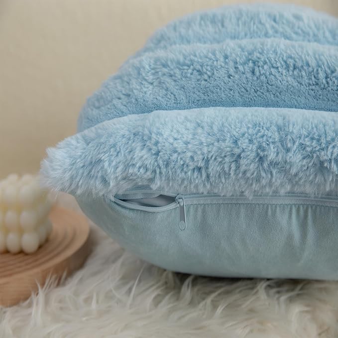 Neelvin Blue Faux Fur Cozy Soft Striped Decorative Throw Pillow Covers 18x18 inch Set of 2,Velvet Pillowcase Cushion Case for Sofa Couch