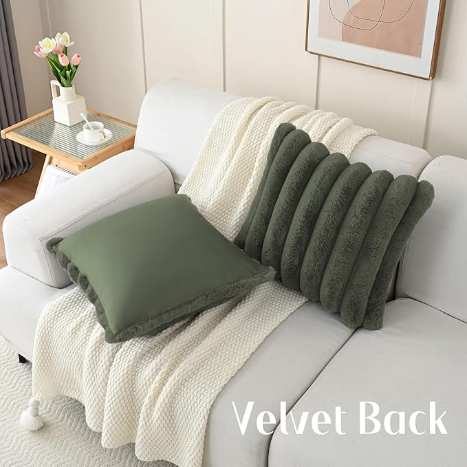 FUTEI Olive Green Decorative Throw Pillow Covers 16x16 Inch Set of 2, Square Soft Faux Rabbit Fur Big Striped Cushion Cover,Home Decor for Couch Sofa Bed Living Room