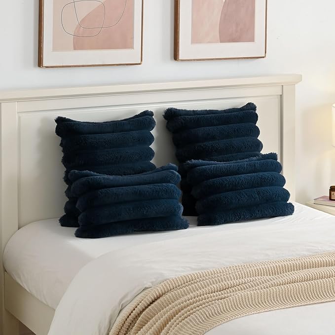 FUTEI Navy Blue Decorative Throw Pillow Covers 26x26 Inch Set of 2, Square Soft Faux Rabbit Fur Big Striped Pillow Sham,Home Decor for Couch Sofa Bed Living Room