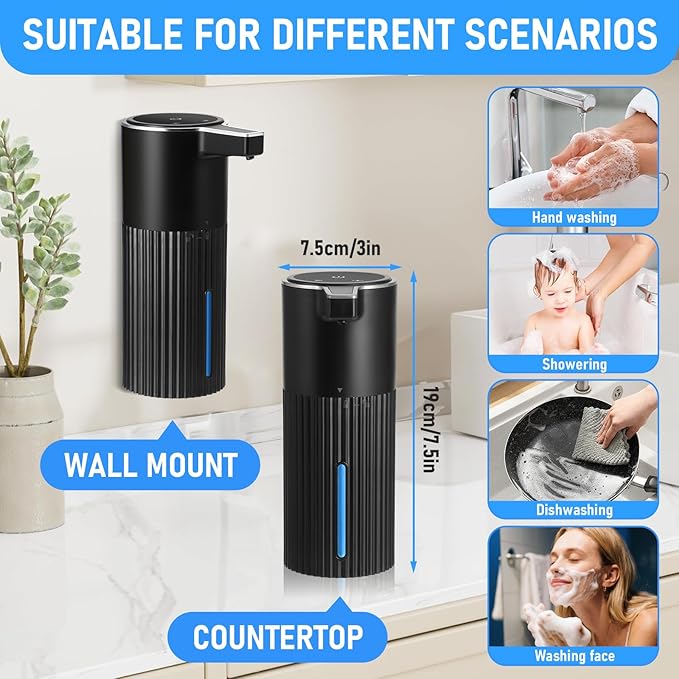 Automatic Soap Dispenser Touchless, USB Rechargeable Smart Hand Soap Dispenser, 4 Levels Adjustable, 13.5 oz/400 ml Wall Mounted for Bathroom, Kitchen (Black Foam)