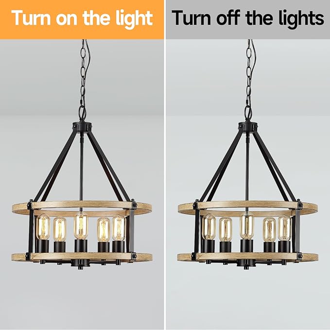 5-Light Farmhouse Chandelier, 17.7 Inch Rustic Black and Vintage Wood Finish Chandeliers for Dining Room Light Fixture, Adjustable Height Hanging Light for Kitchen Island, Entryway, Living Room