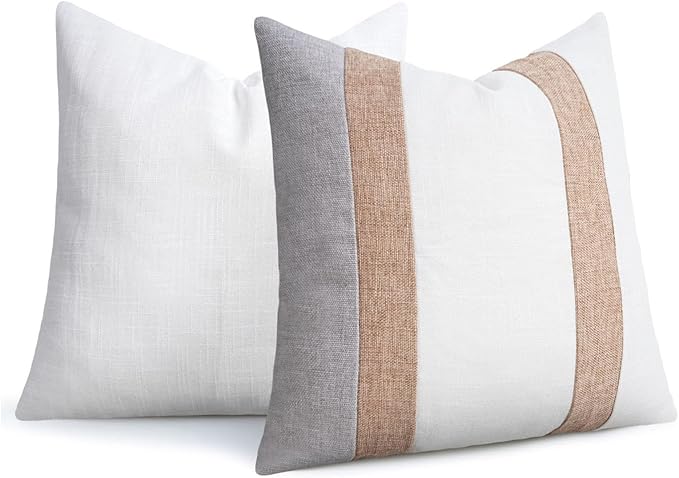 Adabana Modern Pillow Covers 18x18 Set of 2 Farmhouse Decor Patchwork Linen Cushion Covers for Living Room Couch Bed White and Beige