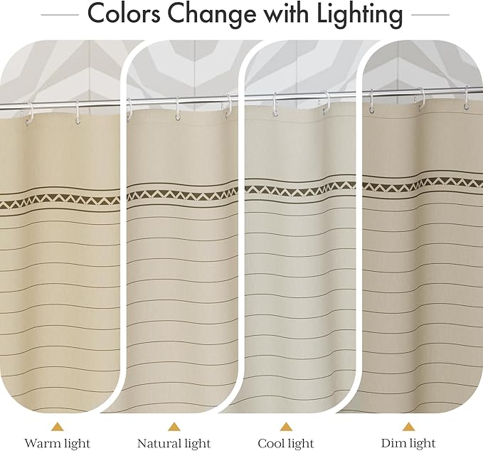 AmazerBath Farmhouse Shower Curtain, Brown Shower Curtain Set with Tassels, Rustic Faux Linen Brown Striped Boho Shower Curtain with Hooks, Warm Tan Toned, 72x72 Inches