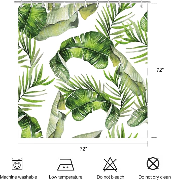 Tropical Leaves Shower Curtain Green Palm Banana Leaf Plant Botanical Shower Curtains for Bathroom Waterproof Polyester Fabric Bathroom Curtain 72 x 72 Inch with 12 Hooks