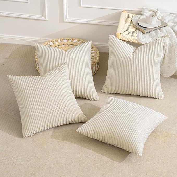 MIULEE Boho Farmhouse Throw Pillow Covers 18x18 Inch Set of 4 Mordern Nordic Cushion Covers Soft Corduroy Christmas Home Decor for Couch Bed Sofa Living Room Cream White