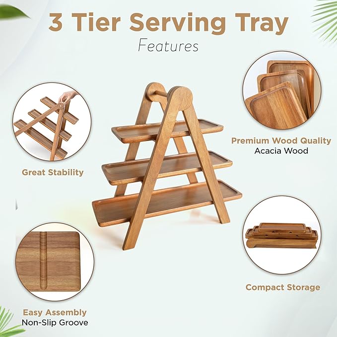 MAJURI 3 Tier Wooden Serving Tray, Halloween Serving Tray, Set of 2 Tongs Free, Tiered Serving Trays for Party, Picnic, Your Perfect Elevated Charcuterie Stand and for 3 Tiered Dessert Stand Lovers