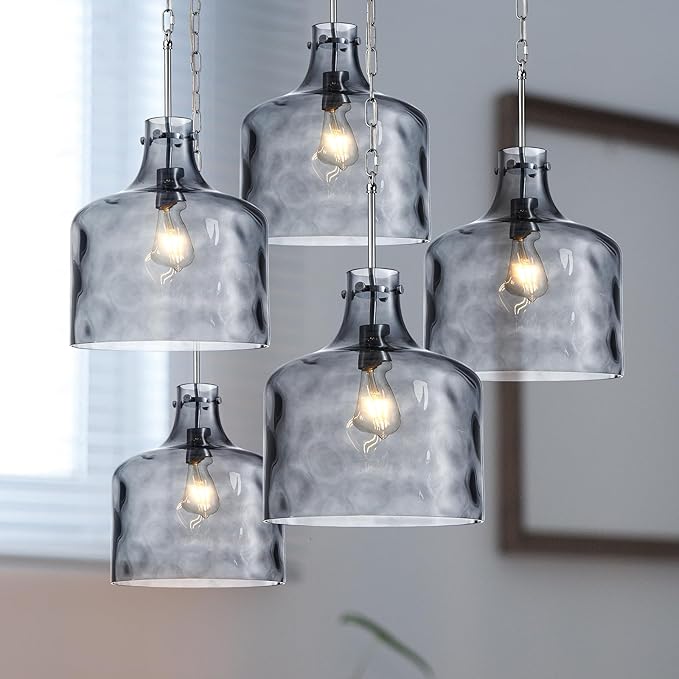 16" Extra Large Farmhouse Pendant Light – Hand-Blown Smoked Gray Hammered Glass Shade, Polished Chrome Finish, Adjustable Chain Hanging Light Fixture for Kitchen Island, Dining Room, Hallway