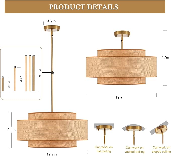 Farmhouse 19.7" Drum Rattan Chandelier 4-Lights Vintage Boho Rattan Chandelier Retro Vintage Bamboo Drum Chandeliers for Dining Room, Kitchen Island, Living Room, Bedroom