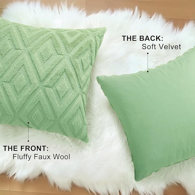 decorUhome Couch Throw Pillow Covers 26x26 Set of 2, Decorative Soft Plush Faux Wool Neutral Accent Pillow Covers for Bed Sofa Living Room, Sage Green