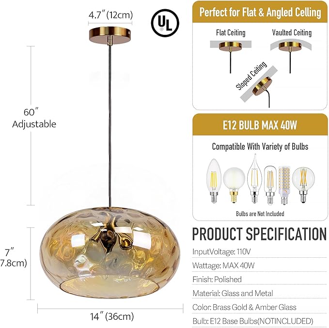 Large Glass Pendant Lighting, 14" Hammered Lampshade Hanging Lamp, 3-Light Brass Gold Chandelier for Dining Living Room Kitchen Island (Amber Glass Shade, 14 Inches)