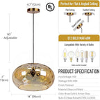 Large Glass Pendant Lighting, 14" Hammered Lampshade Hanging Lamp, 3-Light Brass Gold Chandelier for Dining Living Room Kitchen Island (Amber Glass Shade, 14 Inches)