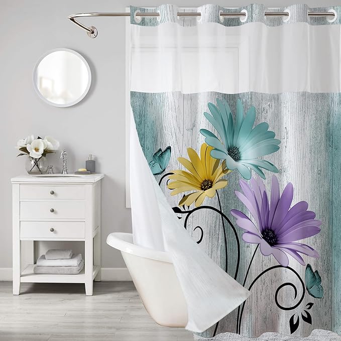 Muuyi Farm Teal Watercolor Floral Shower Curtain,No Hook Shower Curtain,Polyester Shower Curtains with Snap in Fabric,Sheer Top Window for Bathroom Decor,Waterproof & Washable,72W x 75L Inch