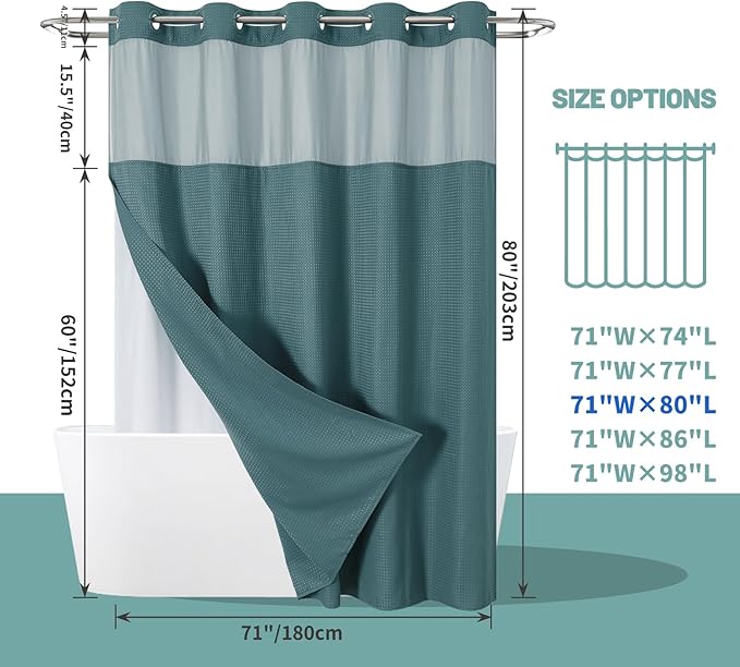 SeawedGreen Long No Hook Waffle Weave Shower Curtain with snap-in Liner Replacement, 230GSM Waterproof Fabric Hotel Shower Curtain Set for Bathroom, Through Mesh Top Window,71Wx80H