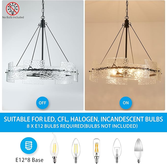 XINGQI Black Chandeliers for Dining Room Modern 8-Light Glass Farmhouse Pendant Lighting Fixtures Round Chandelier for Kitchen Island Living Room Entryway