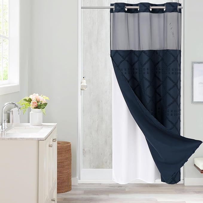 No Hooks Boho Navy Woven Fabric Shower Curtain 36 x 74 Modern Farmhouse, Tufted Chevron Striped Shabby Chic Textured, Minimalist Cloth Hookless Shower Curtains for Bathroom, Hotel Decor